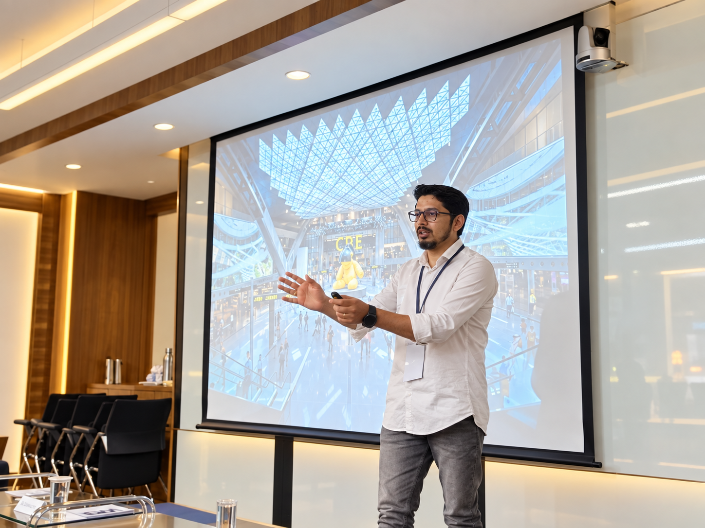 Vikram presenting in front of a projection screen