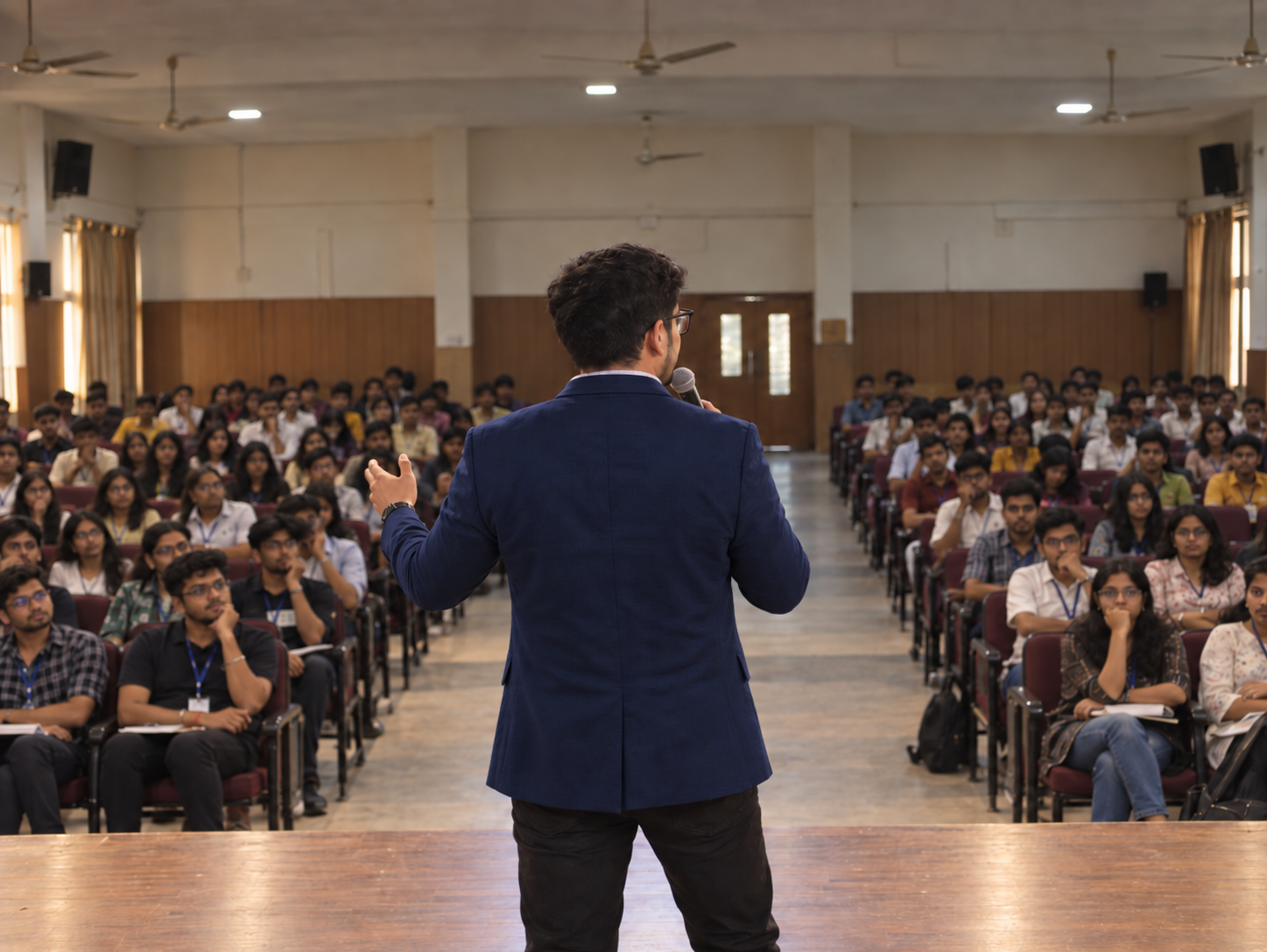 Speaker viewed from behind facing an auditorium audience